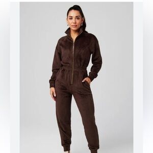 Fabletics Jumpsuit Womens Medium Brown Velour Soft Fuzzy One Piece Athleisure